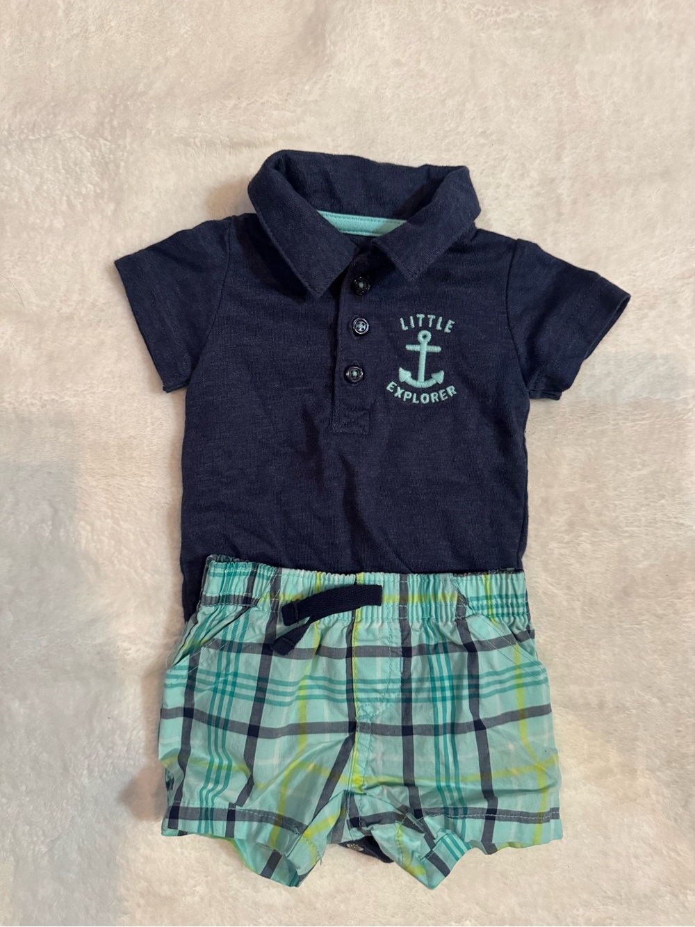 Little Explorer Navy Polo and Teal Plaid Shorts Set by Carter's